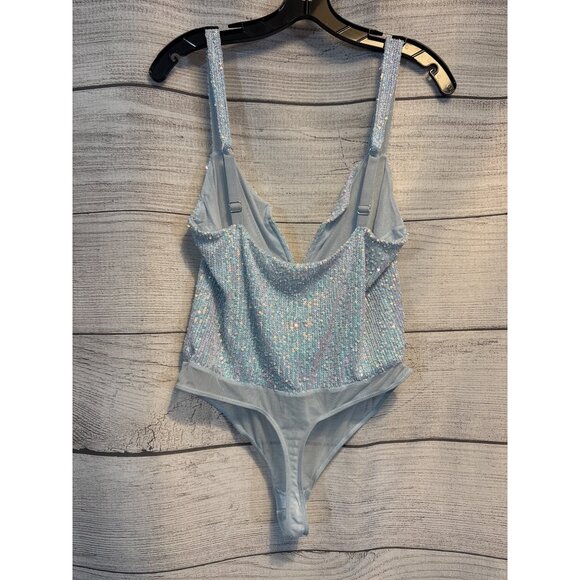 Free People Entwined Sequin Bodysuit V-Neck Adjustable Straps Light Blue S - Picture 2 of 4